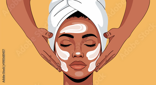 Skincare facial treatment vector illustration, black woman with face mask and towel, professional spa massage and beauty therapy concept