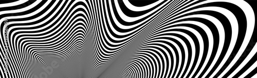 Abstract vector 3D lines background, black and white linear perspective dimensional optical pattern.