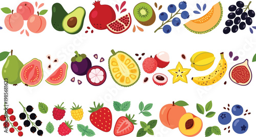 Seamless borders featuring a vibrant assortment of fresh fruits for healthy eating concepts