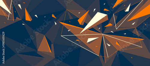 Dark and orange low poly vector abstract background, polygonal abstraction with decay motion of flying particles, 3D dynamic art in force of explosion.