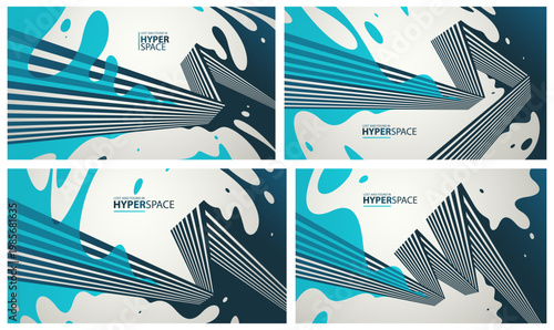 Fluid splash in motion over 3D lines in perspective space vector abstract background set, energy blast explosion in chaos, surreal explosion art wallpaper.