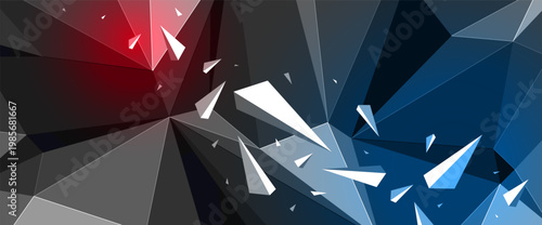 Dark polygonal vector abstract background with color spotlights, low poly surface with explosion of flying debris particles, 3D dynamism broken structure, motion force elements.