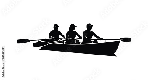 A striking black silhouette depicts four people rowing a boat capturing a sense of teamwork and adventure silhouette