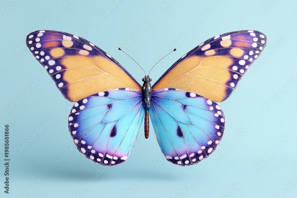 Fototapeta premium Colorful butterfly with blue and orange wings isolated on a light blue background