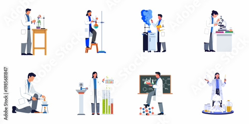 A set of flat vector illustrations of diverse scientists conducting various laboratory experiments, featuring microscopes, chemicals, and specialized research equipment.