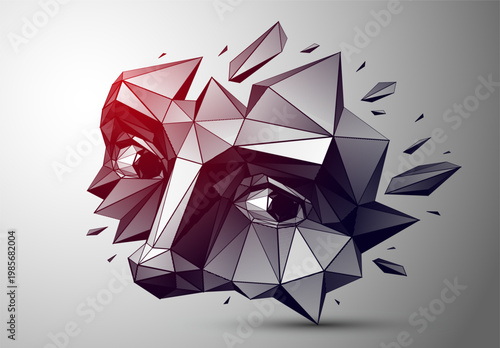 Low poly portrait exploring fear, vulnerability and loss of identity, a human emotional state dissolving inside a digital, fragmented reality of modern world with developing AI technologies.