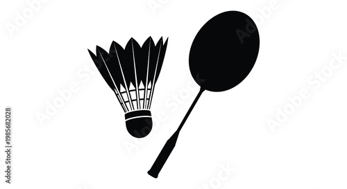 A striking black and white depiction of a badminton shuttlecock and racquet rendered as a bold silhouette