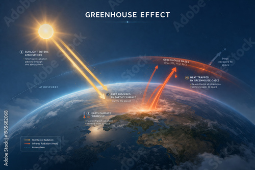 Labeled Greenhouse Effect Diagram Showing Heat Trapping and Atmospheric Radiation