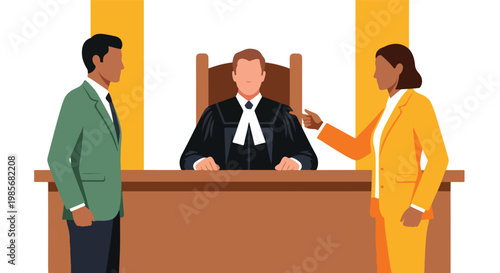 A judge sits at a bench while two lawyers discuss a case in a courtroom setting