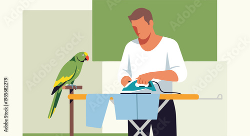 A flat illustration of a man ironing clothes with a pet parrot perched nearby