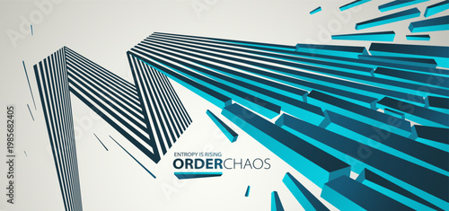 Entropy concept vector abstract background with debris flying in chaos, destruction theme wallpaper, exploded pieces disorder 3D design