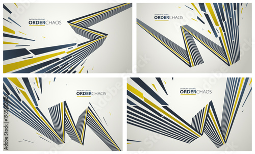 Chaos and order vector concept abstract background with lines explosion to debris in decay set, 3D wallpaper with perspective lines going to chaos of destruction.