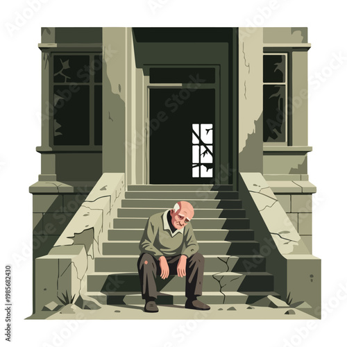 An elderly man sits dejectedly on the concrete steps of a dilapidated old house