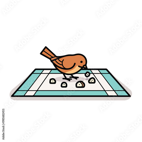 A cute brown bird standing on a checkered cloth eating small bits of food crumbs