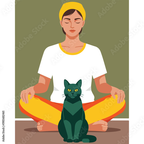 A calm woman in a yellow headband meditates in lotus pose next to a seated cat