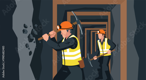 Two miners wearing safety gear working with pickaxes inside a dark underground mine