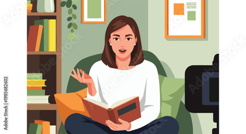 A woman recording a book review video while sitting in a comfortable armchair