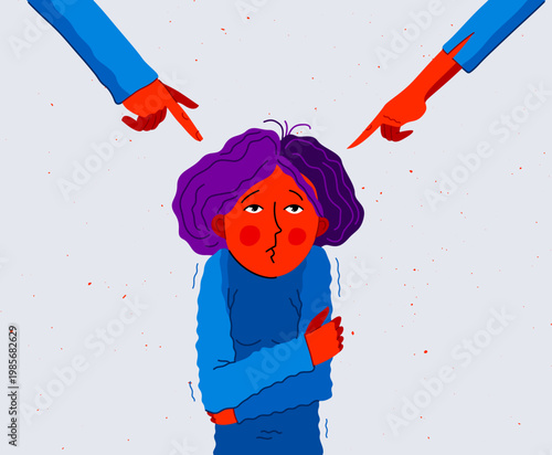 Adult man and woman blames and shames young woman or teenager girl, vector concept of shaming and blaming manipulations by people who have authority and power.