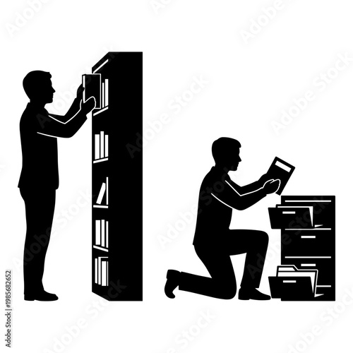 Silhouette of man reading, man on knees reading, book storage, library icons, black vector illustrations