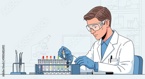 A scientist in a lab coat and safety goggles tests colorful vials at a bench
