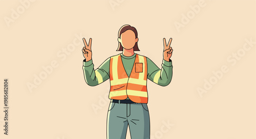 Illustration of a construction worker in a high-visibility vest giving peace signs