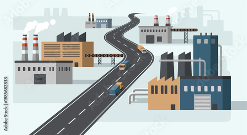 A winding road through an industrial complex with factories and moving freight trucks