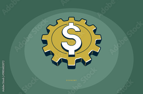 Economic system concept poster, gears with dollar sign vector icon style illustration, economical processes metaphor, money circulation, business.