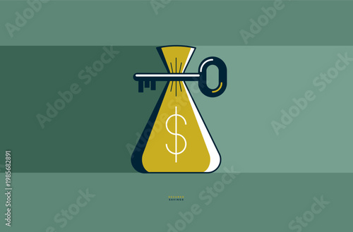 Money bags with key secured savings concept poster, vector icon style illustration of a moneybags with a turnkey, financial safety metaphor, personal finance protection.