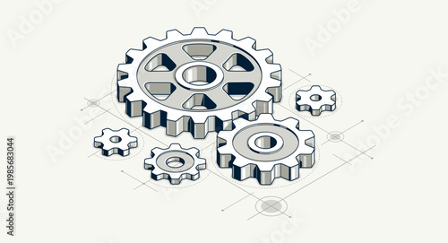 Invention renovation and development concept, gears and cogs with cad engineering drawing isometric 3D vector illustration, technology theme, machinery and engine creation.