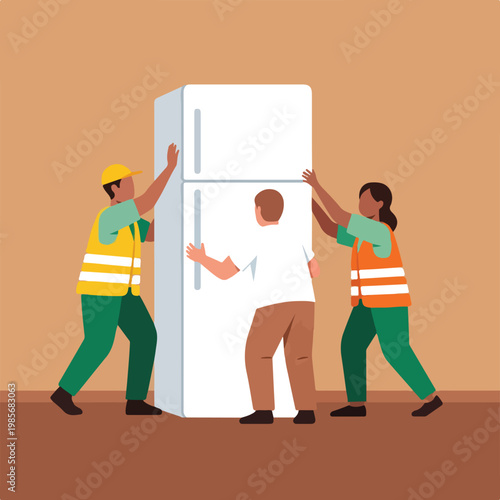Three diverse people in work uniforms push a large white refrigerator together