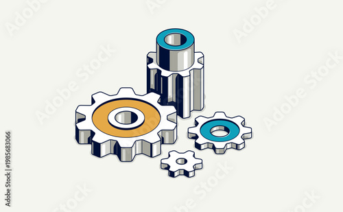 Industry and manufacturing concept, gears and cogs composition isometric 3D vector illustration, cogwheels system technology and technics machinery engine.