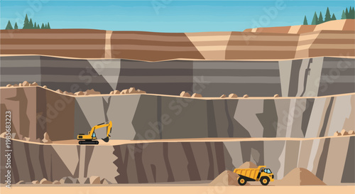 Open-pit mine with heavy yellow machinery moving earth and rocks in layers