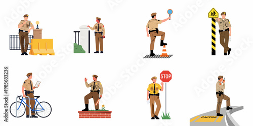 Set of illustrations showing security and traffic officers in various professional roles like traffic control, patrolling, and ensuring public safety on the road.