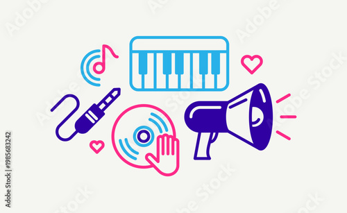 Music and sound producing vector detailed icon, recording studio mix audio, audio engineering bundle.