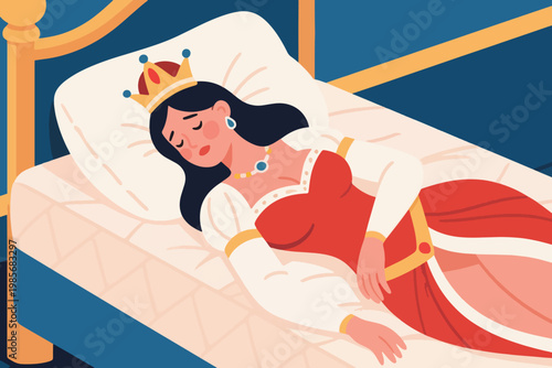 Beautiful Queen Vector Cartoon Sleeping Soundly On Bed Illustration Creative Design Template 