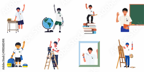 Collection of flat illustrations depicting male students in various school-related activities, including studying, painting, and classroom interactions.