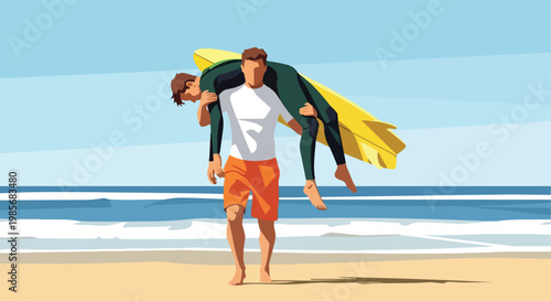 A man carries another man in a wetsuit and a surfboard across a sandy beach