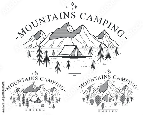 Camping tent in mountains range and pine forest vector linear emblem isolated on white, holidays and vacations in woods line art, design wanderlust logo.