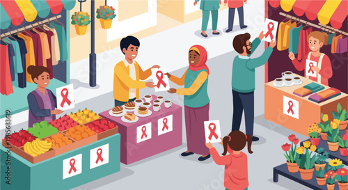 Diverse people participating in a street market fundraiser with red ribbon signs