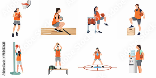 Collection of flat vector illustrations featuring female basketball players engaged in various training exercises, drills, and court activities on a white background.