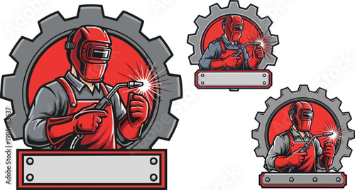 Professional welder mascot logo set, industrial metal worker in red protective gear, vintage gear frame badges for fabrication and construction services