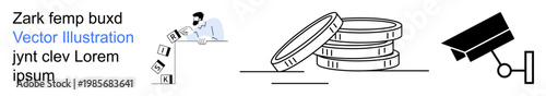 Data security, surveillance, financial management, digital transactions, business workflows, and privacy assurance. Man organizing files, a stack of coins and a surveillance camera. Data security