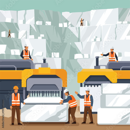 Workers in orange safety vests operate industrial machinery in a stone quarry