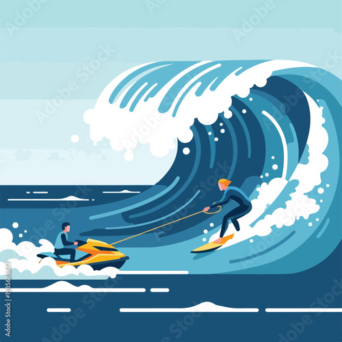 A person wakeboards on a massive ocean wave pulled by a jet ski in the water