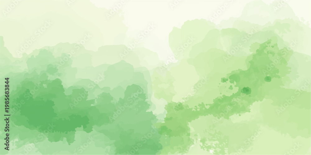 Fototapeta premium Abstract watercolor landscape showing a green forest with trees hills and soft clouds in the sky