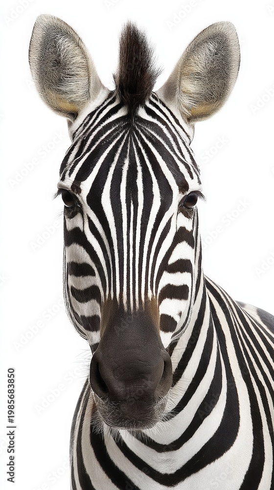 Naklejka premium Close up portrait of a zebra facing the camera against a white background