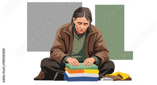 An older person sitting cross-legged while folding colorful stacks of clothing