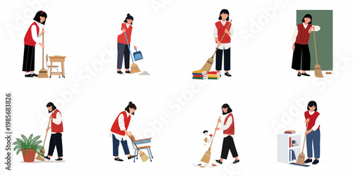 Collection of schoolgirl illustrations performing various cleaning tasks, sweeping floors, and tidying up the classroom.