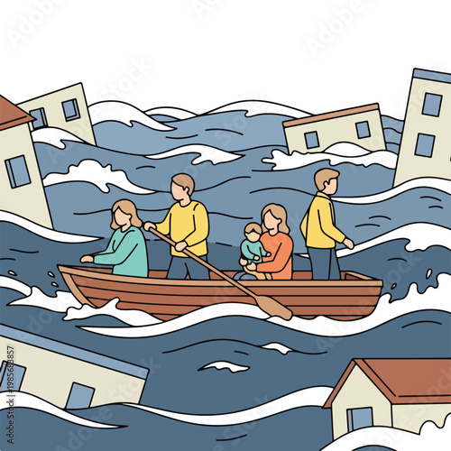 A family evacuates in a wooden boat through a flooded neighborhood after a storm