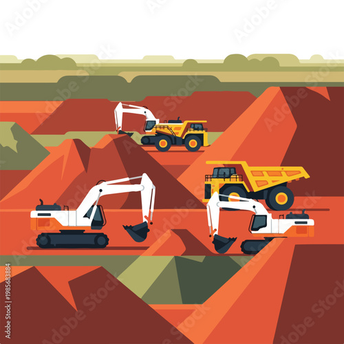 Excavators and dump trucks working in a large open pit mine with reddish earth